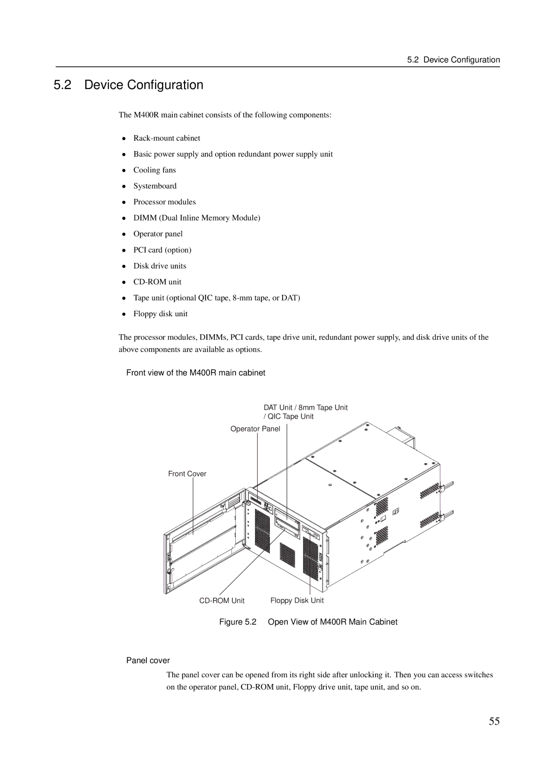 Fujitsu M600R, M200R, M400A manual Front view of the M400R main cabinet, Open View of M400R Main Cabinet Panel cover 