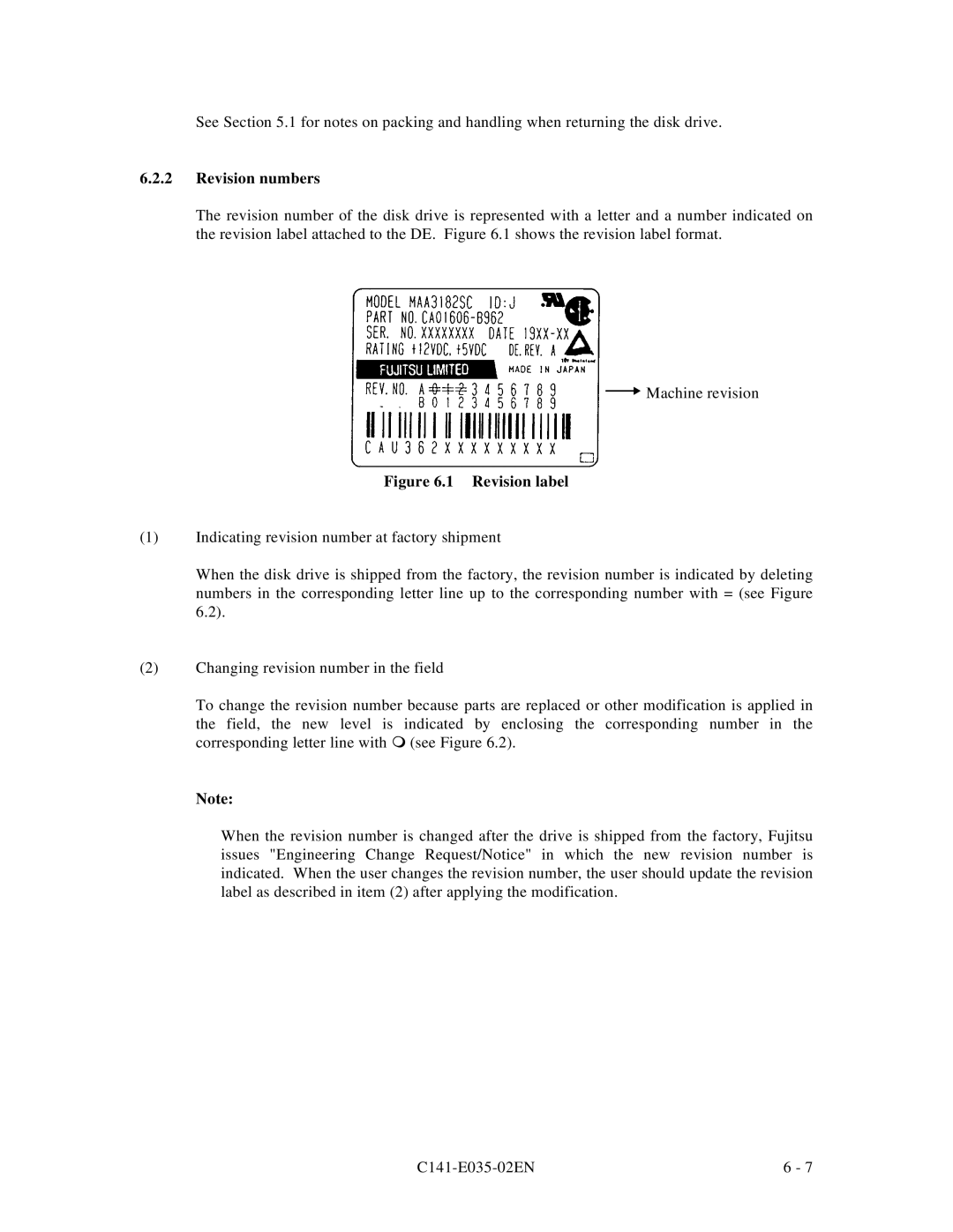 Fujitsu MAC3045, MAB3045, MAB3091, MAC3091, MAA3182 manual Revision numbers, Revision label 