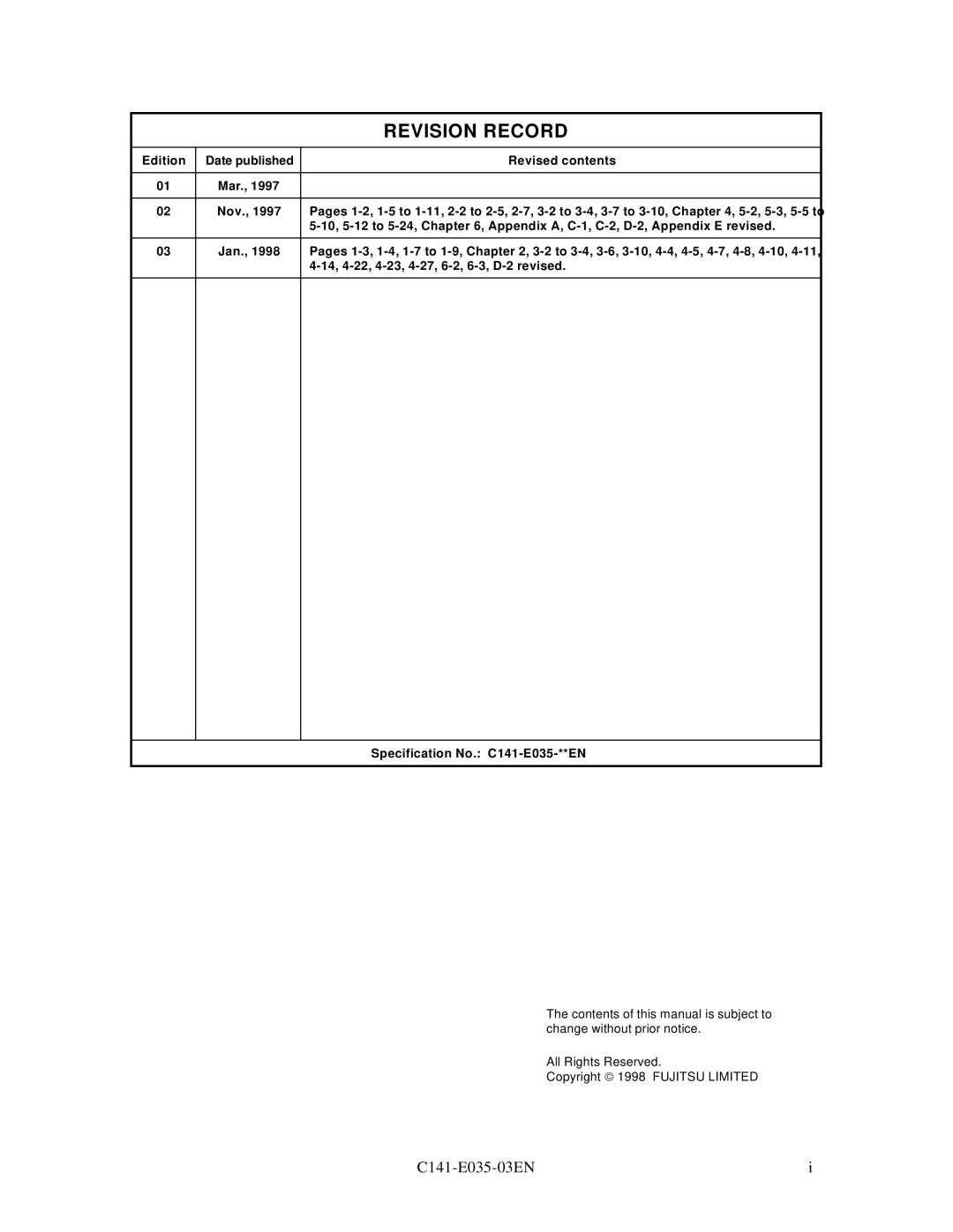 Fujitsu MAB3091, MAC3045, MAB3045, MAC3091, MAA3182 manual Revision Record 