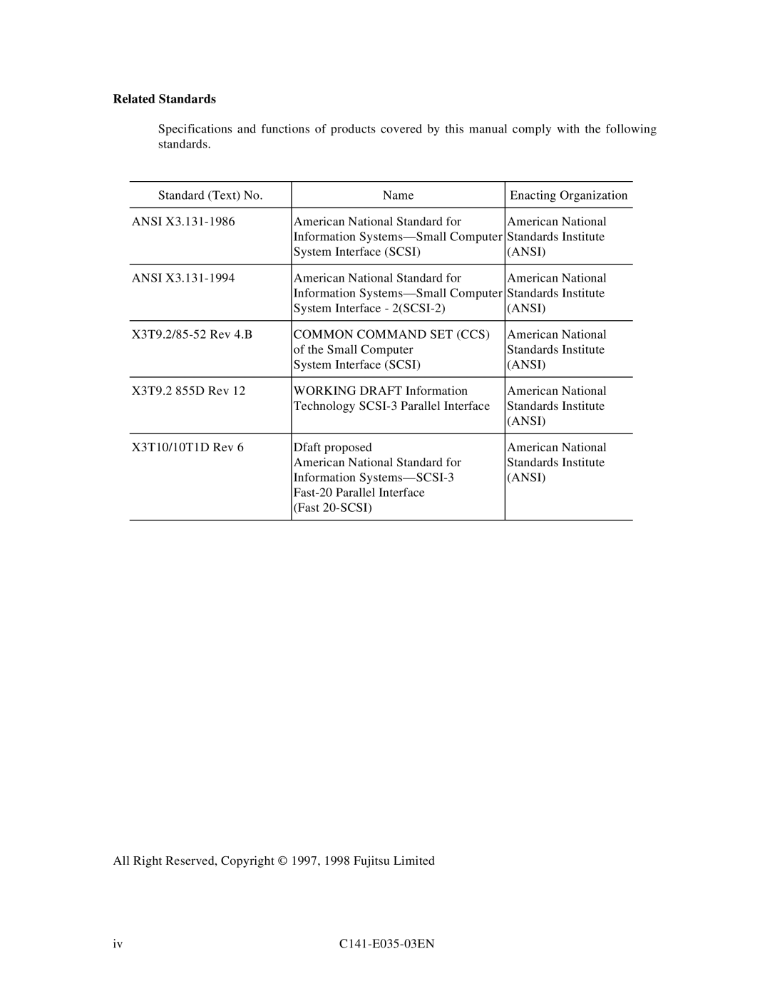 Fujitsu MAC3045, MAB3045, MAB3091, MAC3091, MAA3182 manual Related Standards, Ansi, Common Command SET CCS 