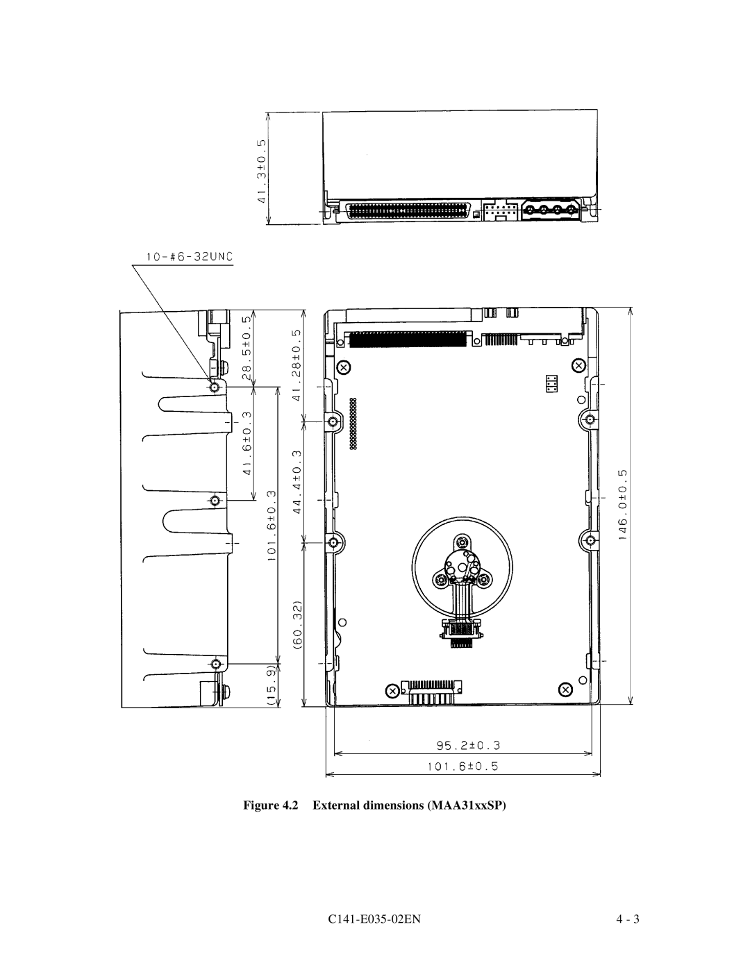 Fujitsu MAA3182, MAC3045, MAB3045, MAB3091, MAC3091 manual External dimensions MAA31xxSP 