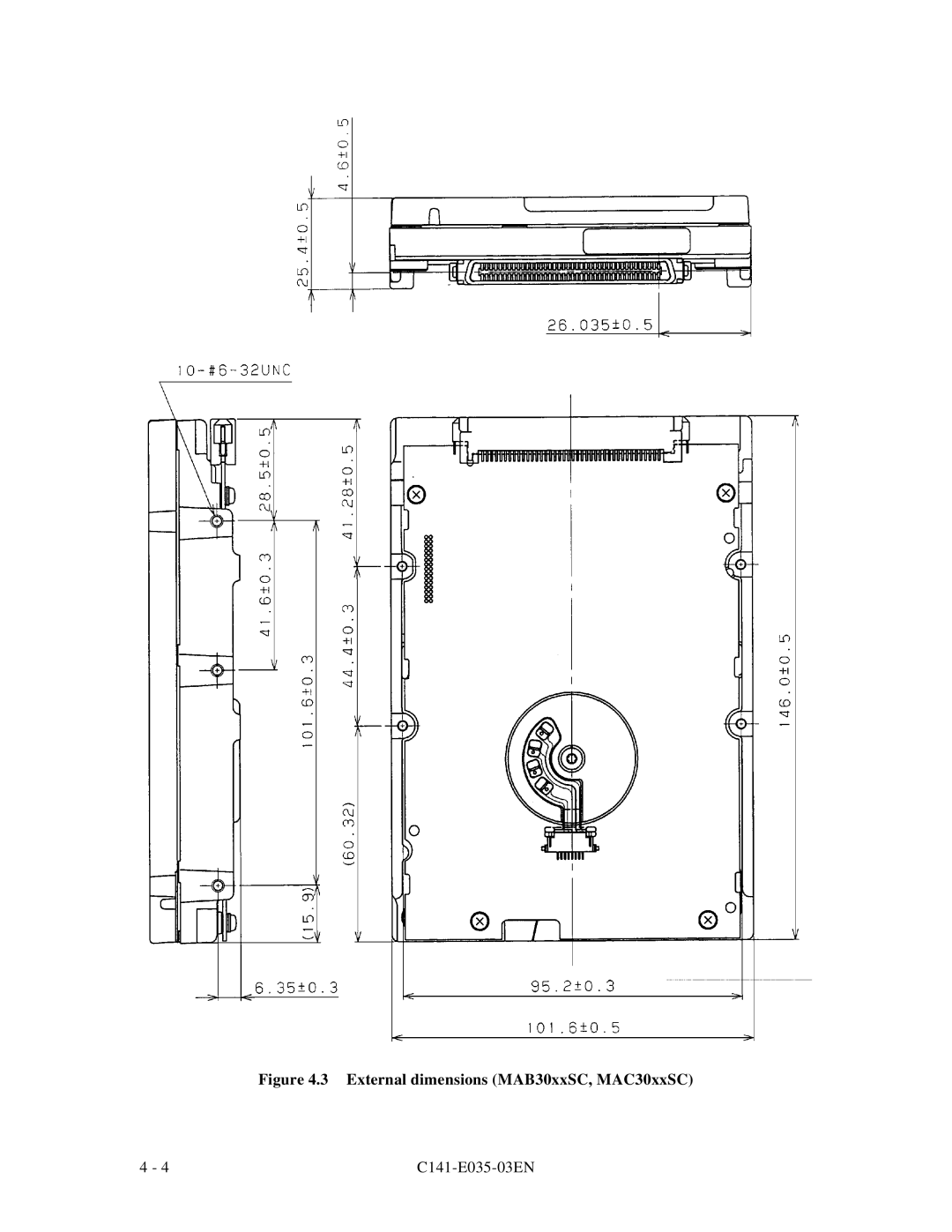 Fujitsu MAC3045, MAB3045, MAB3091, MAC3091, MAA3182 manual External dimensions MAB30xxSC, MAC30xxSC 