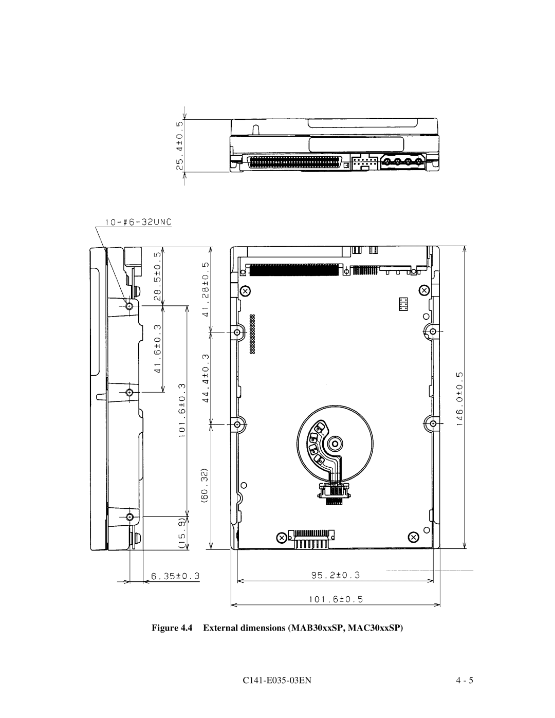 Fujitsu MAB3045, MAC3045, MAB3091, MAC3091, MAA3182 manual External dimensions MAB30xxSP, MAC30xxSP 