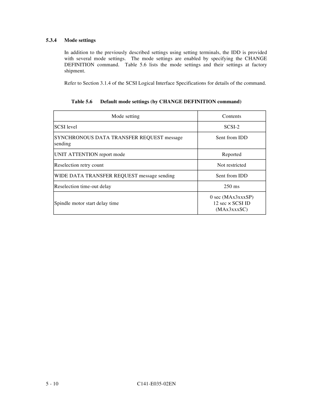 Fujitsu MAA3182, MAC3045, MAB3045, MAB3091, MAC3091 Mode settings, Default mode settings by Change Definition command, SCSI-2 