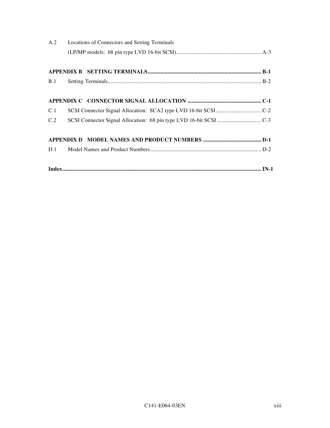 Fujitsu MAE3091LC, MAF3364LP, MAF3364LC, MAG3182LC, MAE3182LC manual Appendix C Connector Signal Allocation, Index IN-1 