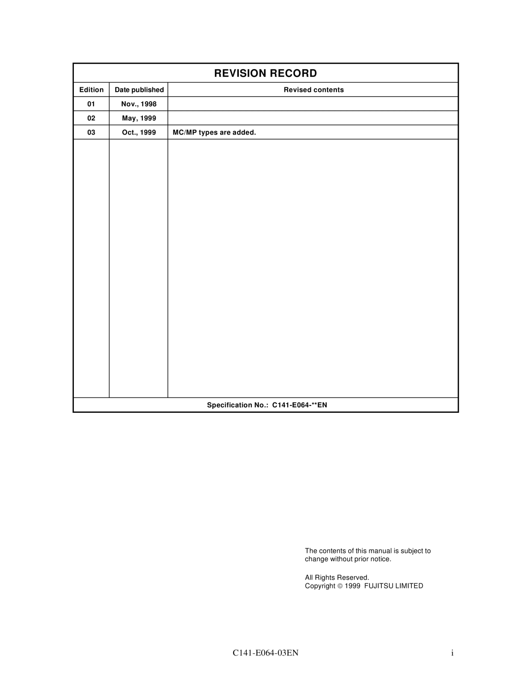 Fujitsu MAG3182LC, MAF3364LP, MAF3364LC, MAE3182LC, MAE3091LC manual Revision Record 