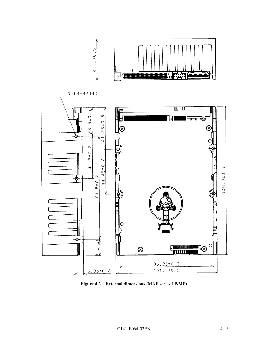 Fujitsu MAF3364LC, MAF3364LP, MAG3182LC, MAE3182LC, MAE3091LC manual External dimensions MAF series LP/MP 