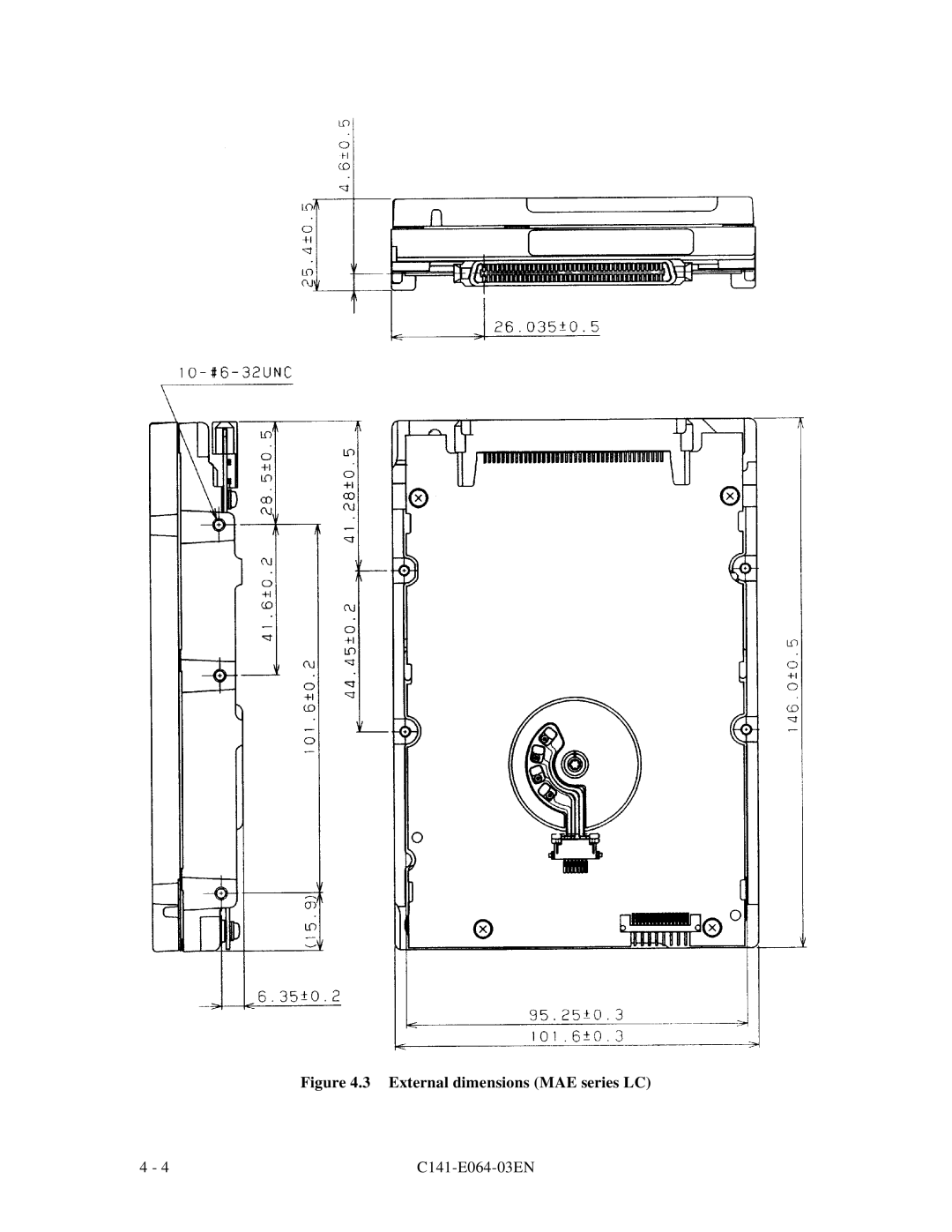 Fujitsu MAG3182LC, MAF3364LP, MAF3364LC, MAE3182LC, MAE3091LC manual External dimensions MAE series LC 