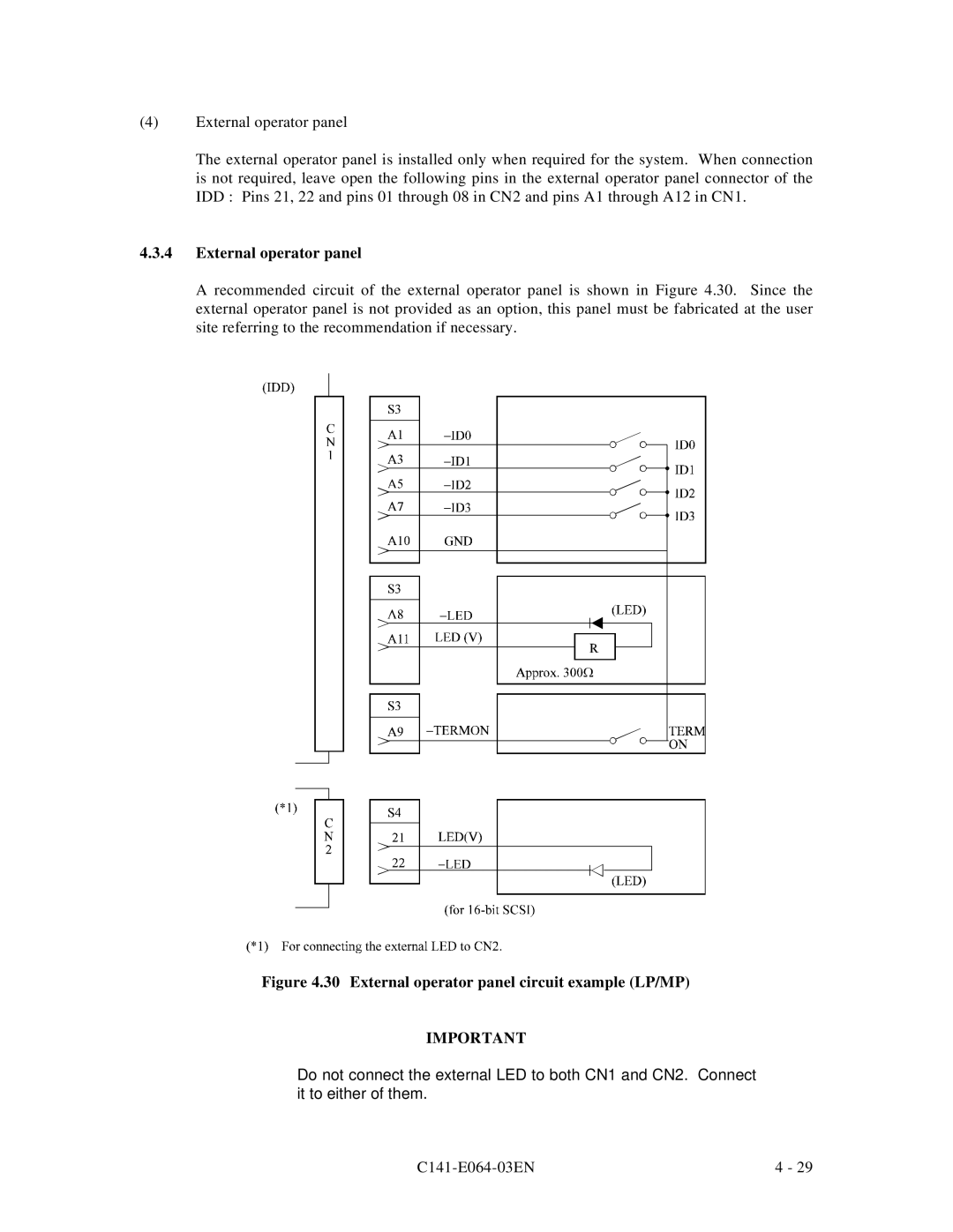 Fujitsu MAG3182LC, MAF3364LP, MAF3364LC, MAE3182LC, MAE3091LC manual External operator panel circuit example LP/MP 