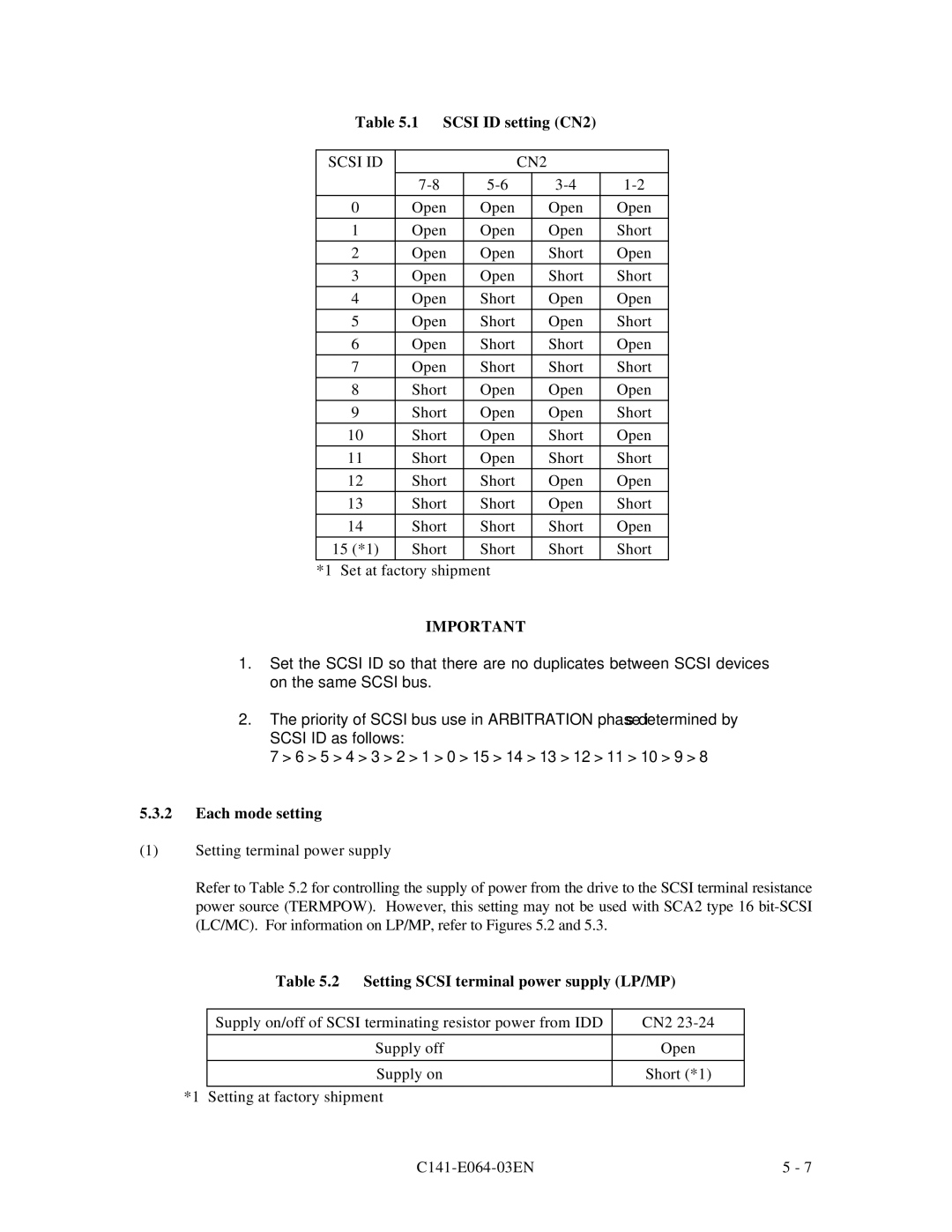 Fujitsu MAF3364LP, MAF3364LC Scsi ID setting CN2, Scsi ID CN2, Each mode setting, Setting Scsi terminal power supply LP/MP 