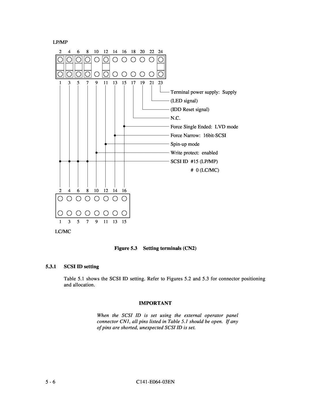 Fujitsu MAE3091LC, MAF3364LP, MAF3364LC, MAG3182LC, MAE3182LC manual 3 Setting terminals CN2 5.3.1 SCSI ID setting 