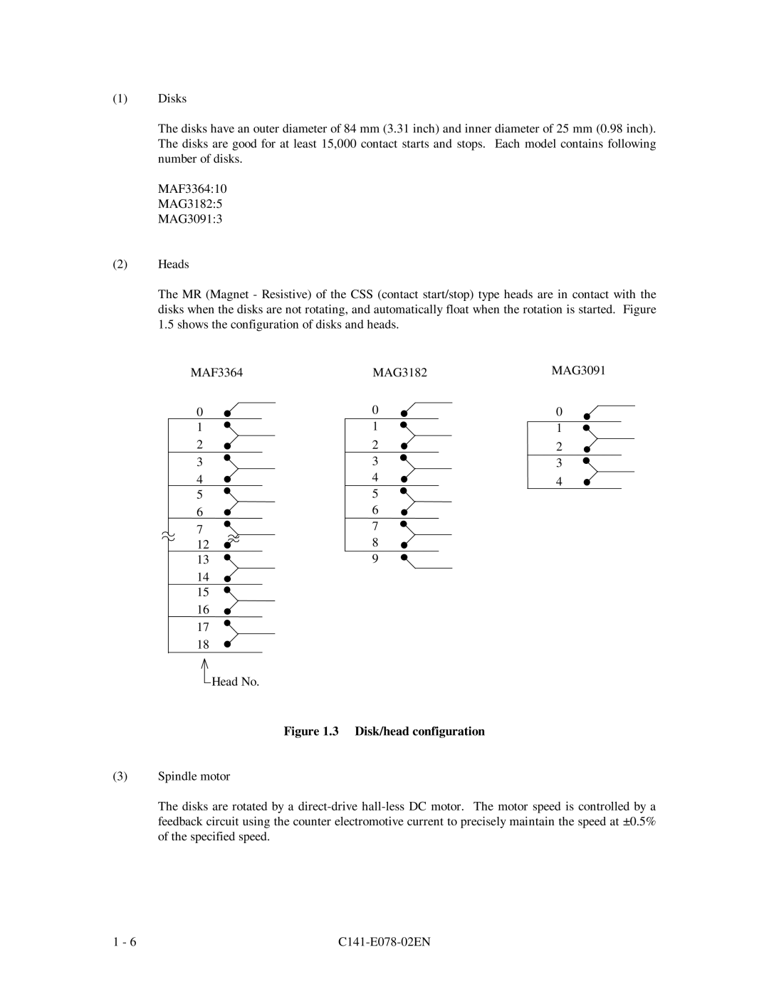 Fujitsu MAG3182FC, MAG3091FC, MAF3364FC manual Disk/head configuration 