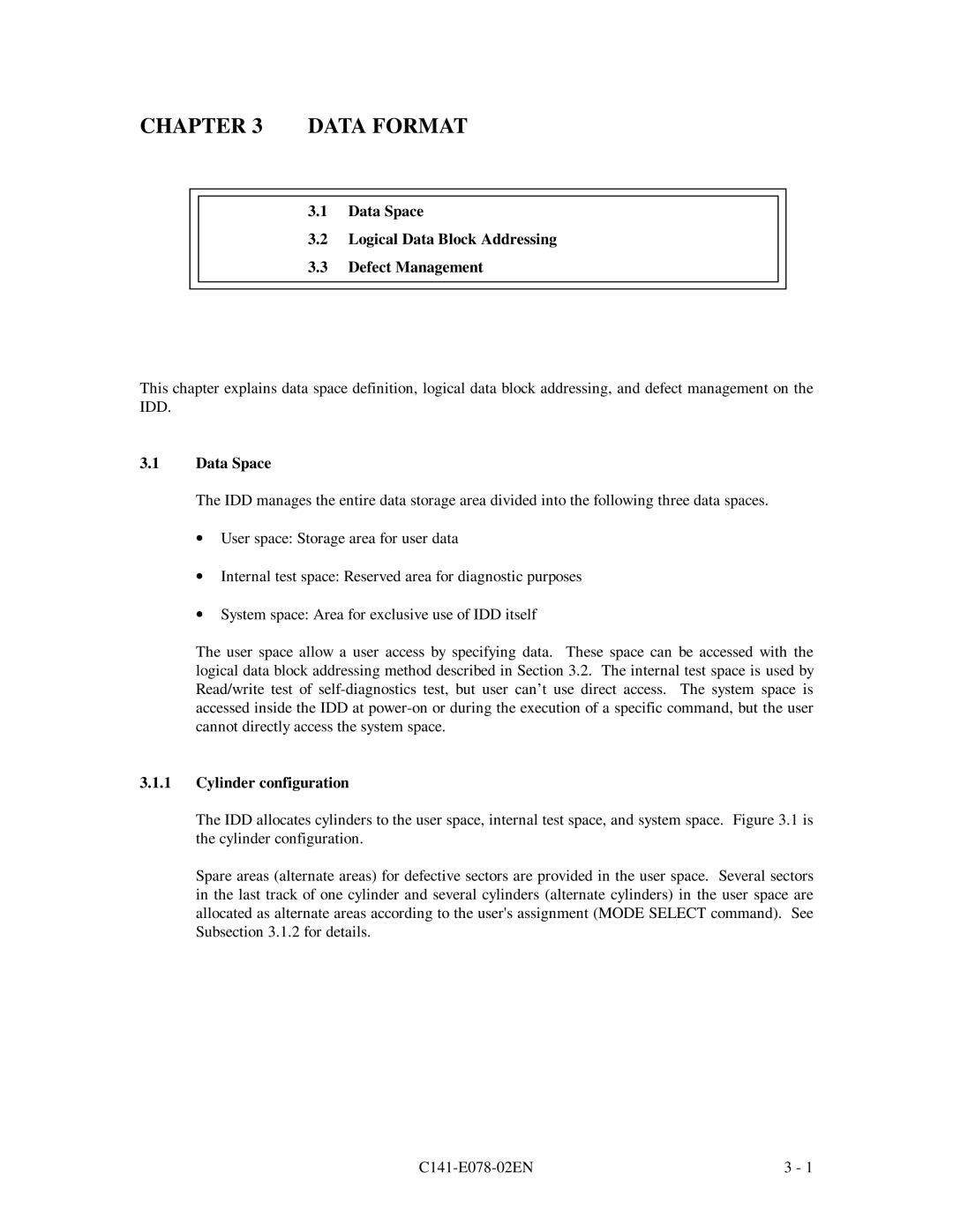 Fujitsu MAG3182FC manual Data Format, Data Space Logical Data Block Addressing Defect Management, Cylinder configuration 