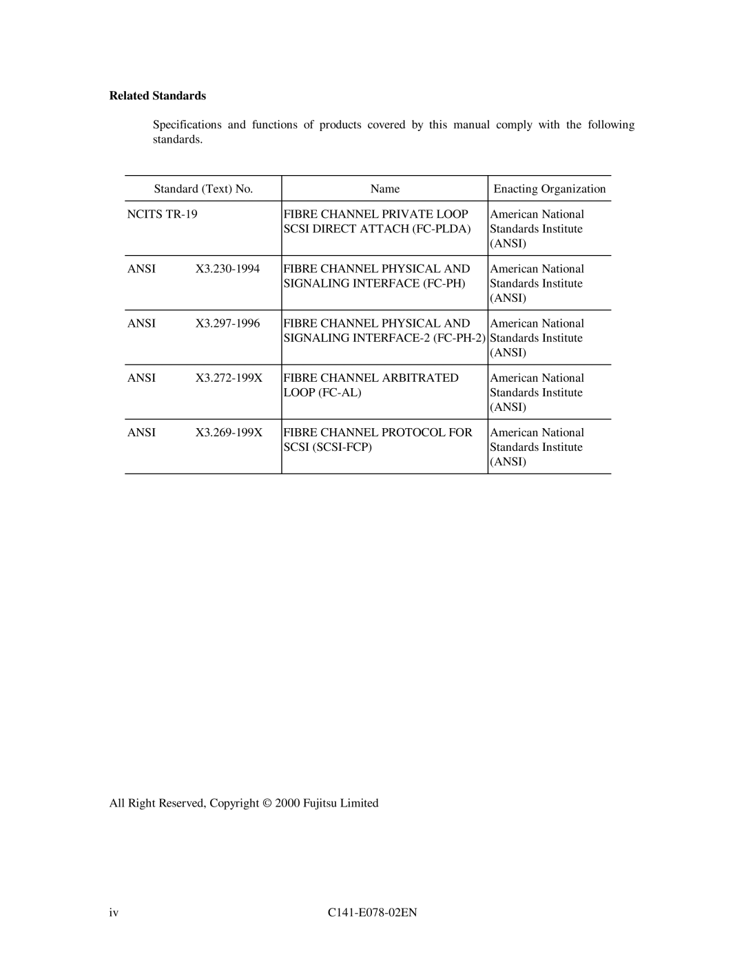 Fujitsu MAG3182FC, MAG3091FC, MAF3364FC manual Related Standards 