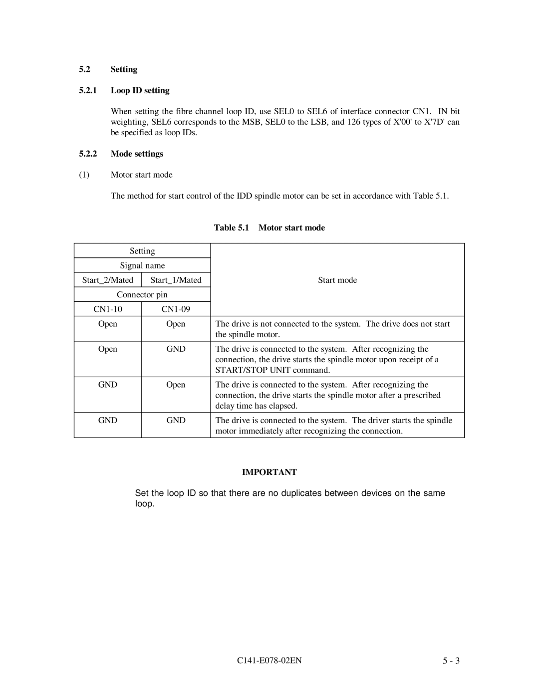 Fujitsu MAG3182FC, MAG3091FC, MAF3364FC manual Setting Loop ID setting, Mode settings, Motor start mode, Gnd 