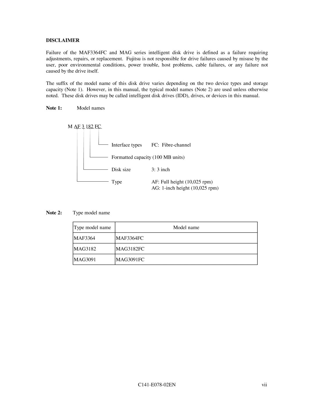 Fujitsu MAG3182FC manual Model names, MAF3364FC, MAG3091FC 