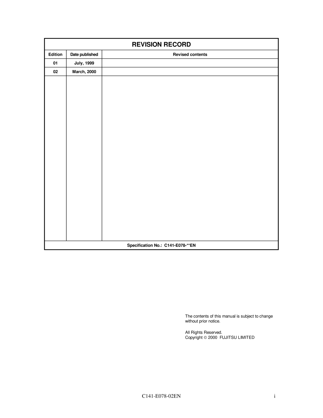Fujitsu MAG3182FC manual Revision Record, Revised contents, Specification No. C141-E078-**EN, Edition, July, Date published 