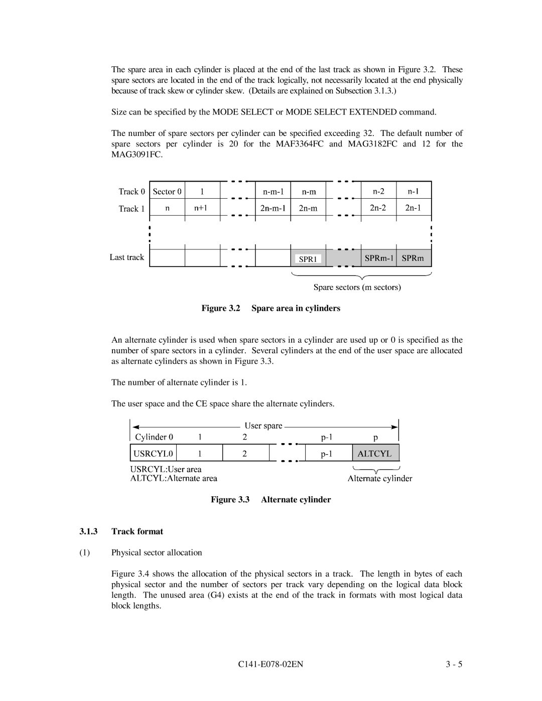 Fujitsu MAG3091FC, MAF3364FC, MAG3182FC manual 2 Spare area in cylinders, 3 Alternate cylinder 3.1.3 Track format, SPR1 