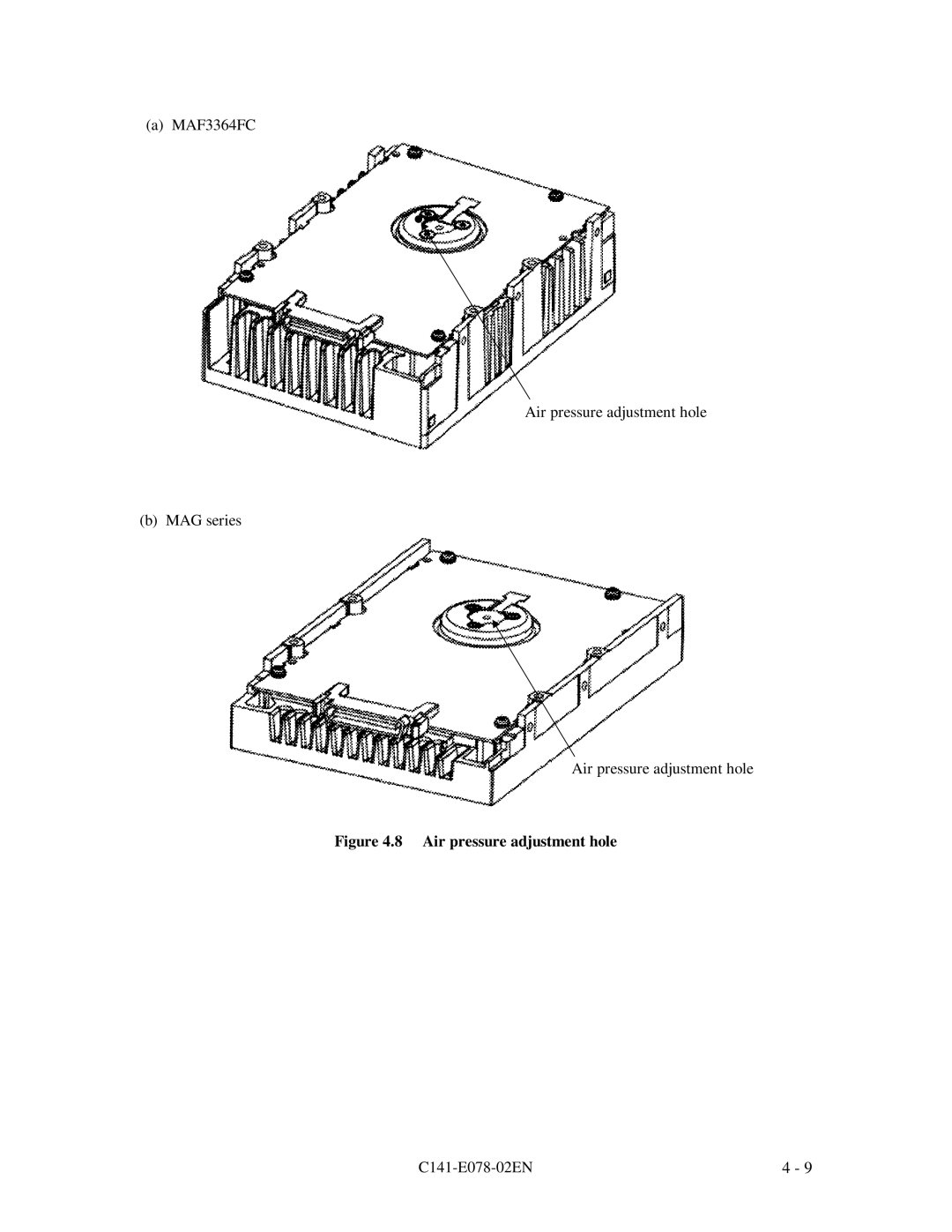 Fujitsu MAG3182FC 8 Air pressure adjustment hole, a MAF3364FC Air pressure adjustment hole b MAG series, C141-E078-02EN 