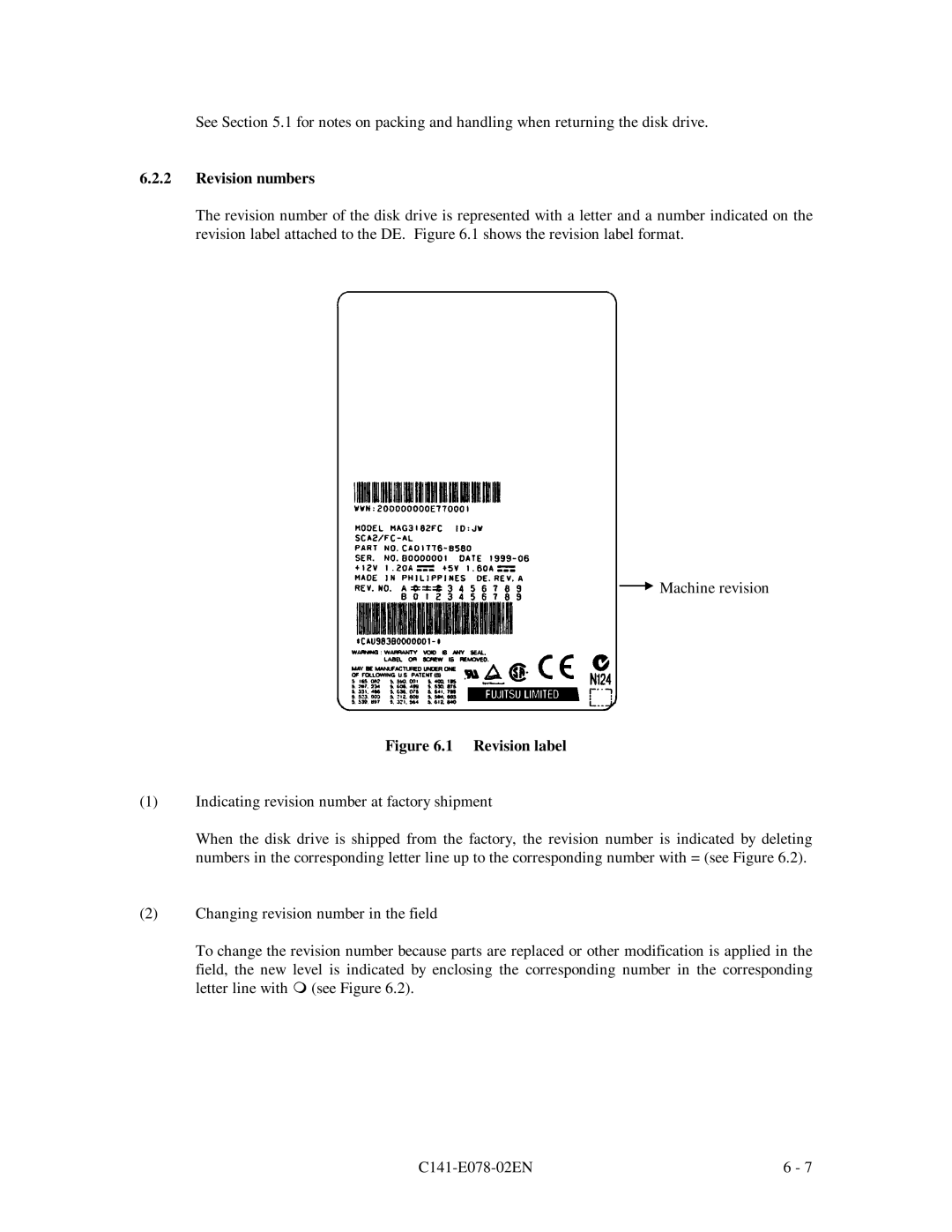 Fujitsu MAF3364FC, MAG3091FC, MAG3182FC manual Revision numbers, 1 Revision label 