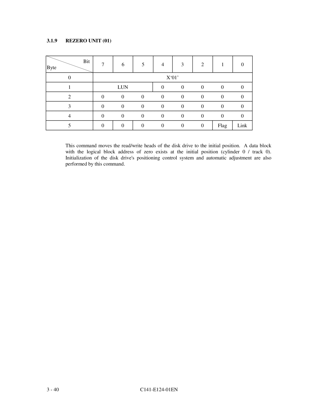 Fujitsu MAN3184, MAN3367, MAN3735 SERIES DISK DRIVES specifications Rezero Unit, Lun 