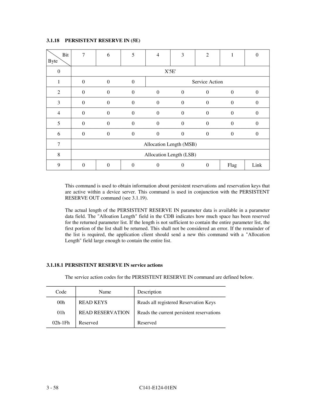 Fujitsu MAN3184, MAN3367, MAN3735 SERIES DISK DRIVES Persistent Reserve in 5E, Persistent Reserve in service actions 