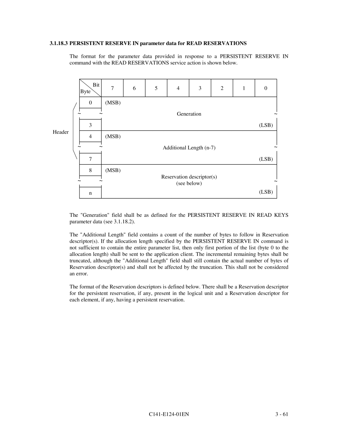 Fujitsu MAN3184, MAN3367, MAN3735 specifications Persistent Reserve in parameter data for Read Reservations 