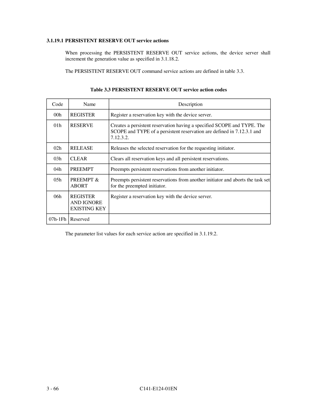 Fujitsu MAN3184, MAN3367, MAN3735 SERIES DISK DRIVES specifications Persistent Reserve OUT service actions 