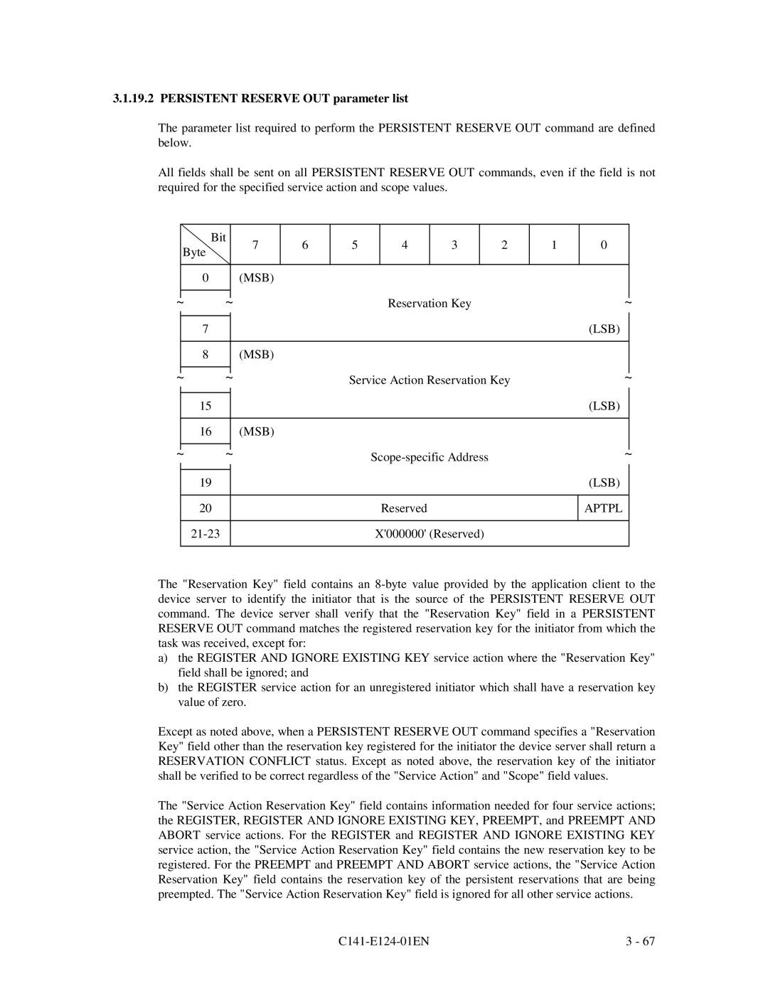 Fujitsu MAN3184, MAN3367, MAN3735 SERIES DISK DRIVES specifications Persistent Reserve OUT parameter list, Aptpl 