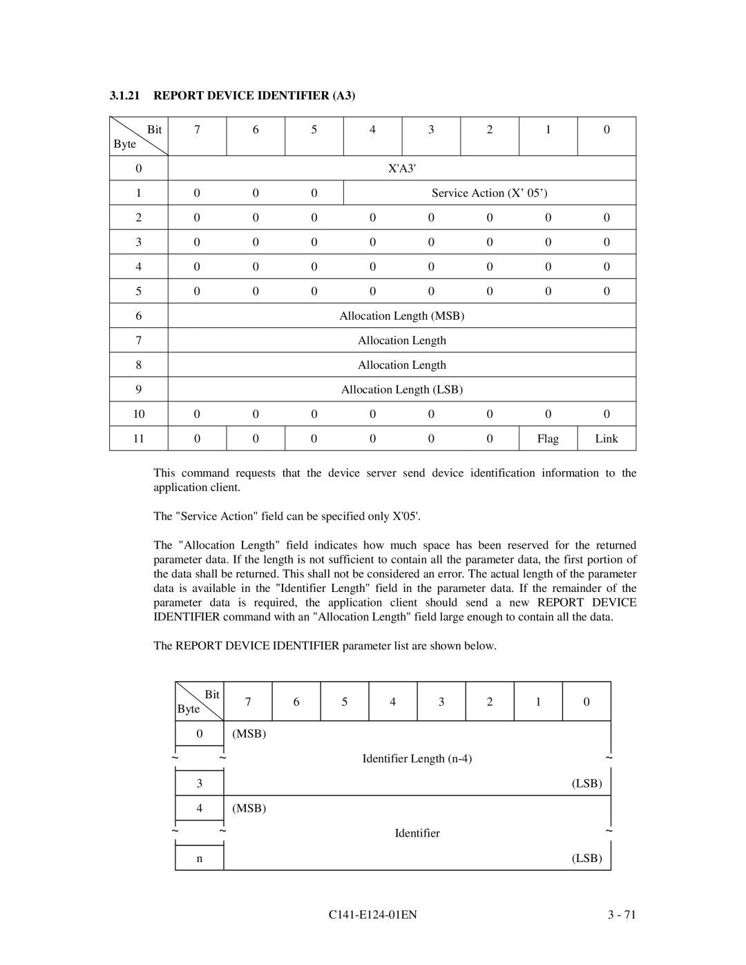 Fujitsu MAN3184, MAN3367, MAN3735 SERIES DISK DRIVES specifications Report Device Identifier A3 