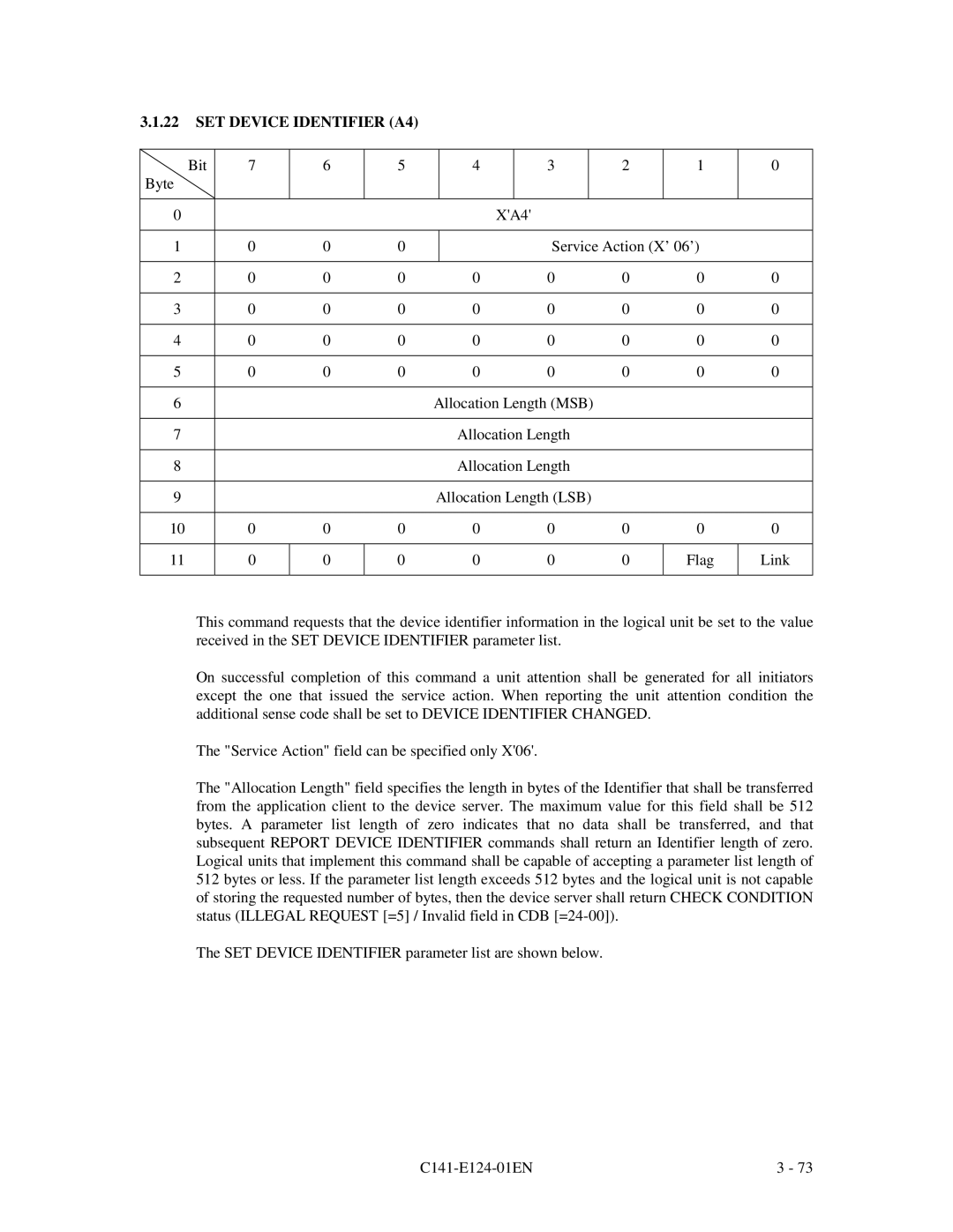 Fujitsu MAN3184, MAN3367, MAN3735 SERIES DISK DRIVES specifications SET Device Identifier A4 