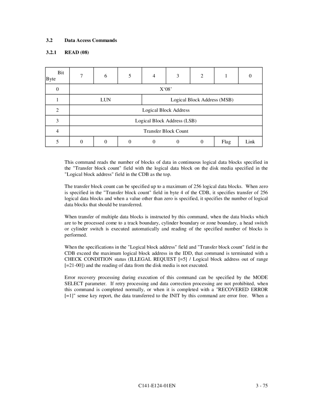 Fujitsu MAN3184, MAN3367, MAN3735 SERIES DISK DRIVES specifications Data Access Commands Read, Lun 