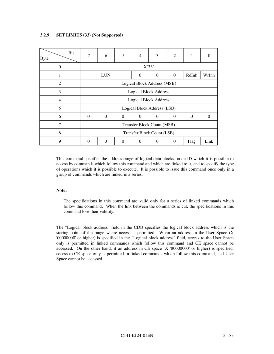 Fujitsu MAN3184, MAN3367, MAN3735 SERIES DISK DRIVES specifications SET Limits 33 Not Supported 