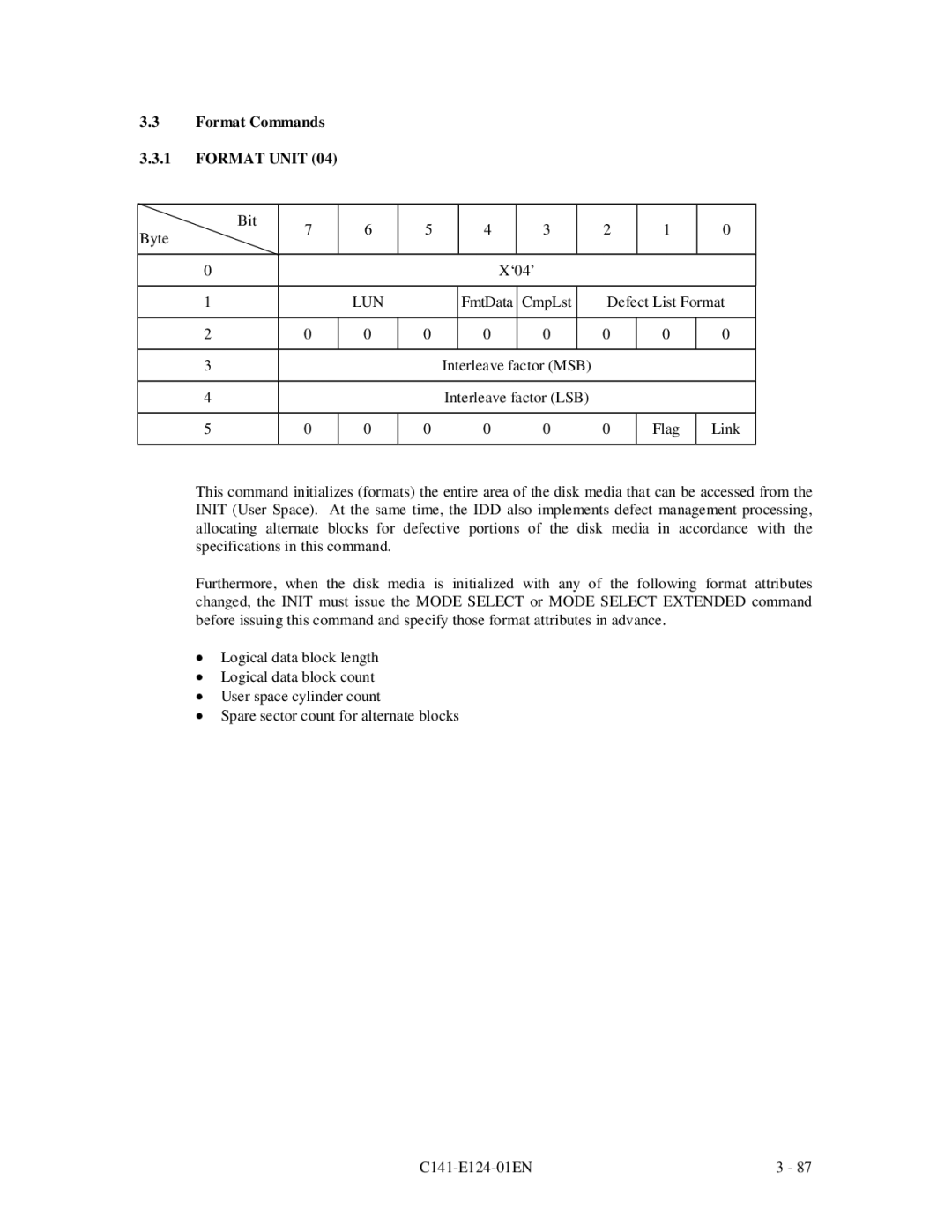 Fujitsu MAN3184, MAN3367, MAN3735 SERIES DISK DRIVES specifications Format Commands Format Unit 