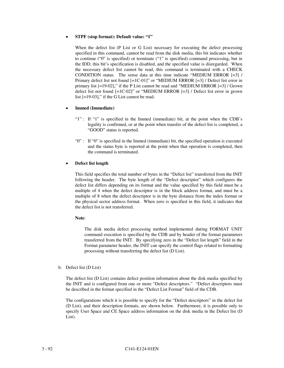 Fujitsu MAN3735, MAN3367, MAN3184 specifications Stpf stop format Default value, Immed Immediate, Defect list length 