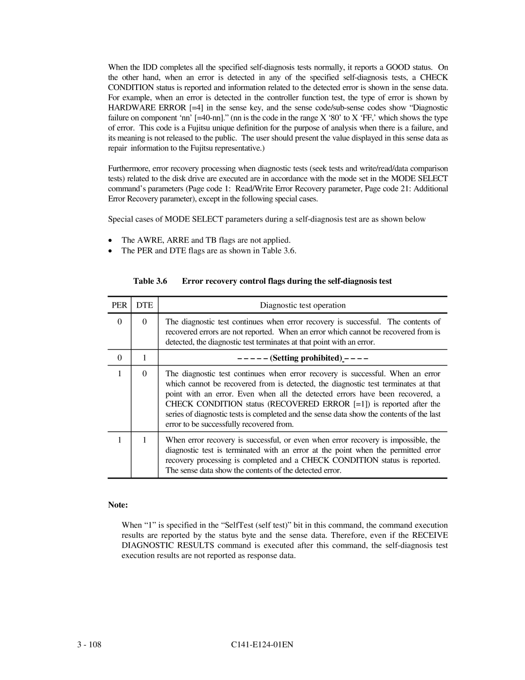 Fujitsu MAN3735, MAN3367, MAN3184 Error recovery control flags during the self-diagnosis test, Per Dte, Setting prohibited 