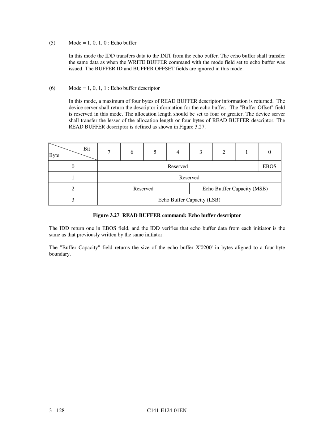 Fujitsu MAN3735, MAN3367, MAN3184 specifications Ebos, Read Buffer command Echo buffer descriptor 