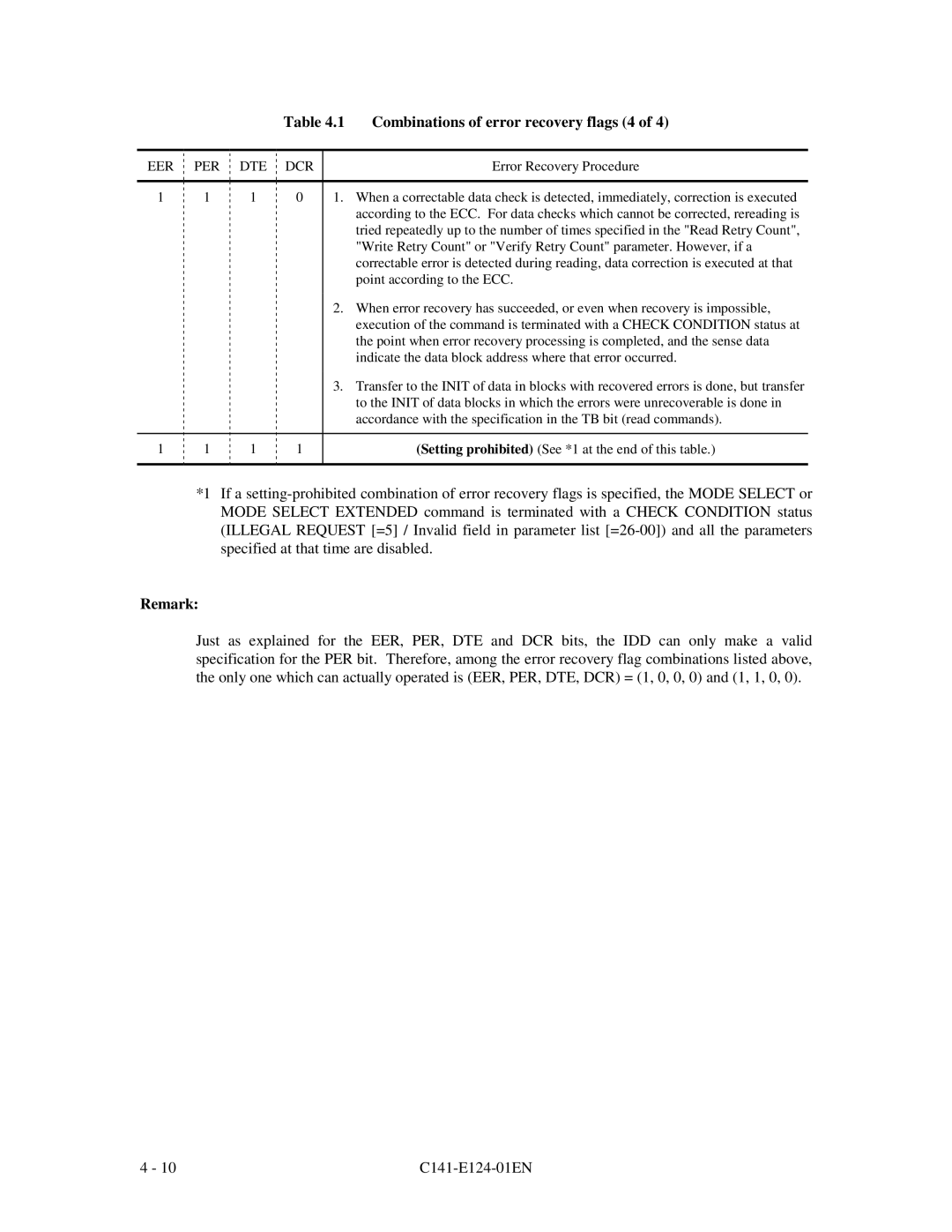 Fujitsu MAN3367, MAN3735, MAN3184 specifications Combinations of error recovery flags 4, Remark 