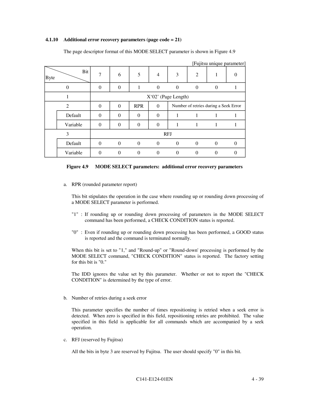 Fujitsu MAN3735, MAN3367, MAN3184 specifications Additional error recovery parameters page code =, Rpr, Rfj 