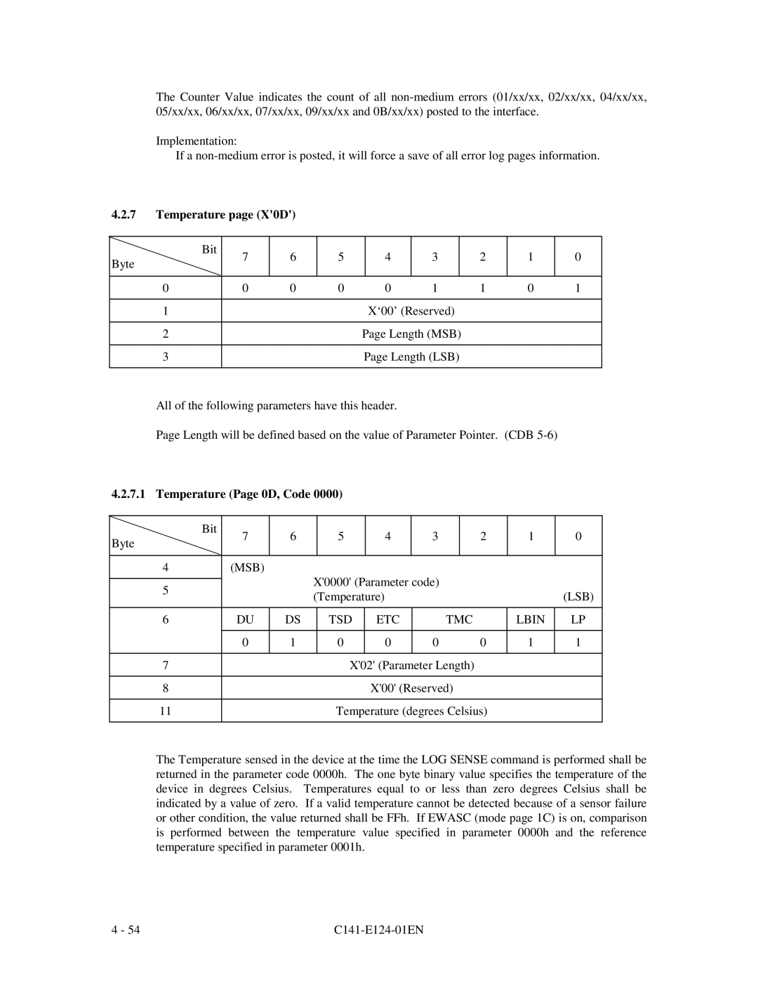 Fujitsu MAN3367, MAN3735, MAN3184 specifications Temperature page X0D, Temperature Page 0D, Code 