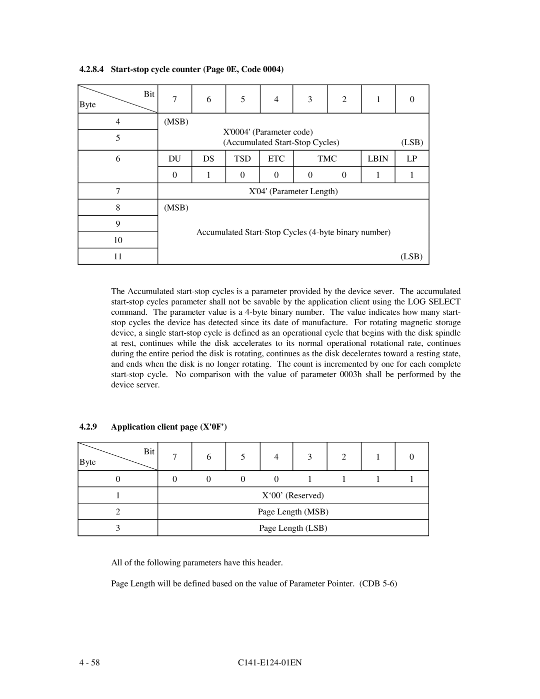 Fujitsu MAN3367, MAN3735, MAN3184 specifications Start-stop cycle counter Page 0E, Code, Application client page X0F 