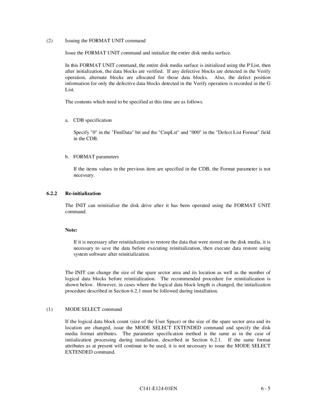 Fujitsu MAN3184, MAN3367, MAN3735 SERIES DISK DRIVES specifications Re-initialization 