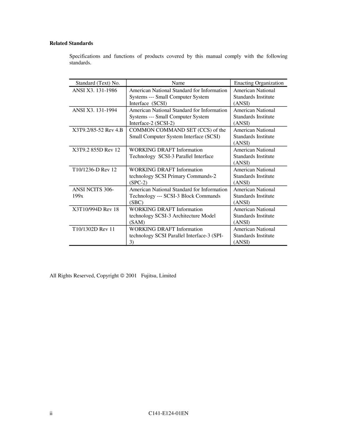 Fujitsu MAN3367, MAN3735, MAN3184 specifications Related Standards, Ansi Ncits, SBC Ansi, SAM Ansi 