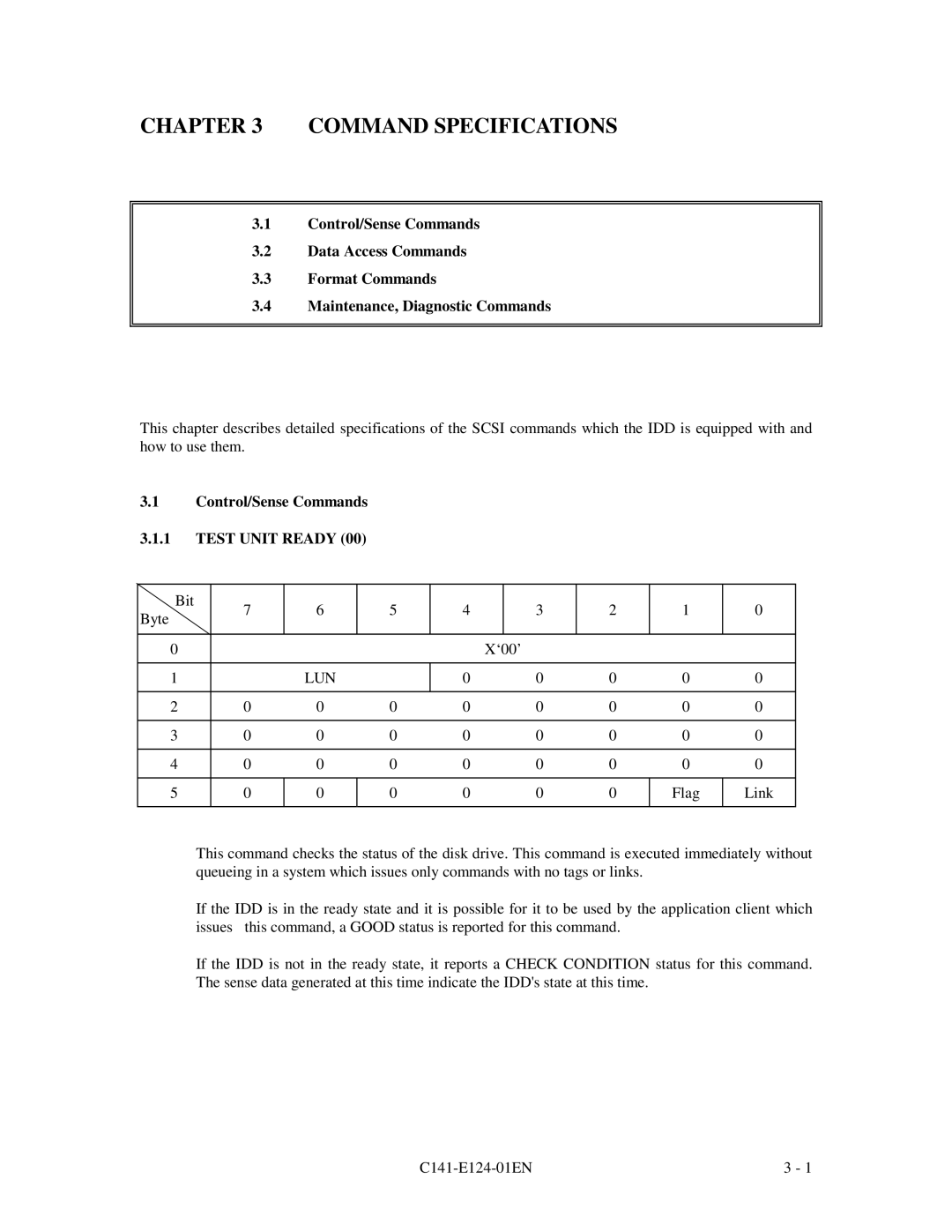 Fujitsu MAN3184, MAN3367, MAN3735 specifications Command Specifications, Control/Sense Commands Test Unit Ready 