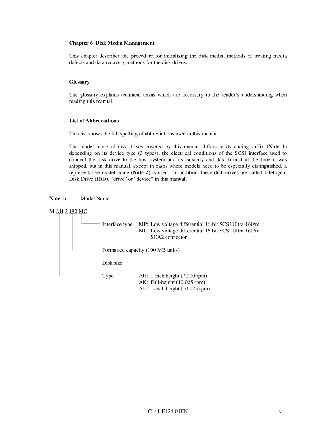 Fujitsu MAN3184, MAN3367, MAN3735 SERIES DISK DRIVES Disk Media Management, Glossary, List of Abbreviations, Model Name 