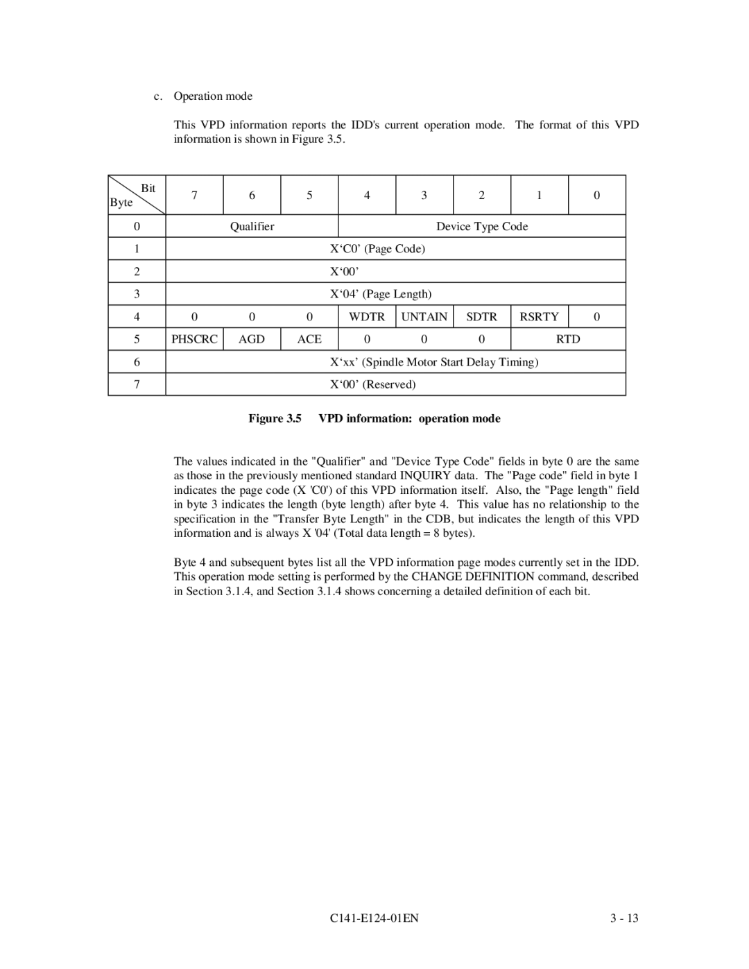 Fujitsu MAN3184, MAN3367, MAN3735 specifications Wdtr Untain Sdtr Rsrty Phscrc AGD ACE RTD, VPD information operation mode 