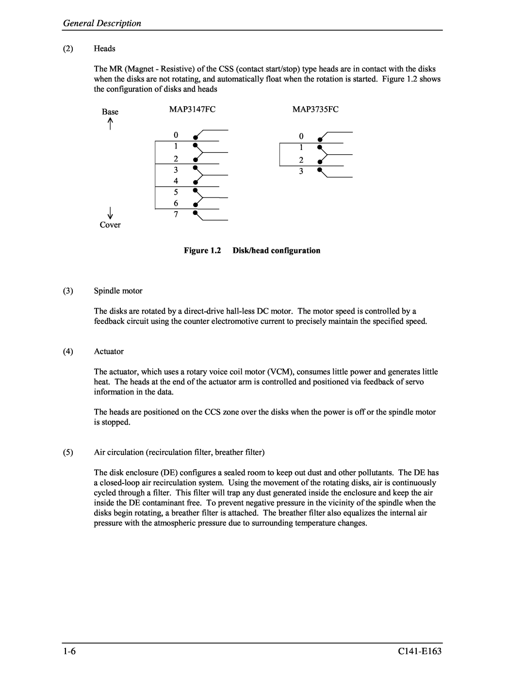 Fujitsu MAP3147FC, MAP3735FC manual General Description, Disk/head configuration 