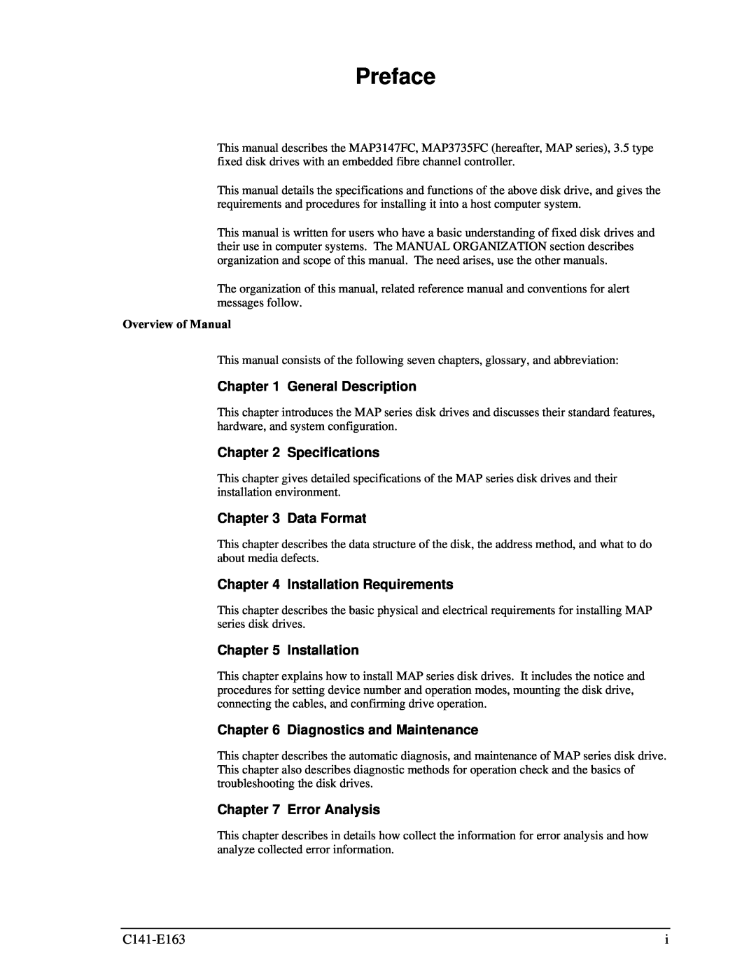 Fujitsu MAP3735FC Preface, General Description, Specifications, Data Format, Installation Requirements, Error Analysis 