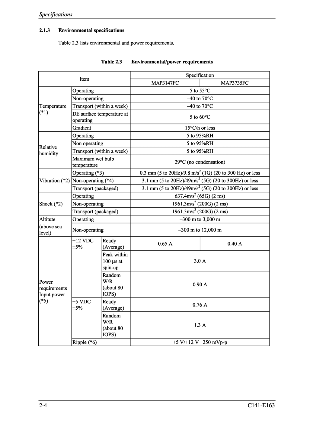 Fujitsu MAP3147FC, MAP3735FC Specifications, C141-E163, Environmental specifications, Environmental/power requirements 