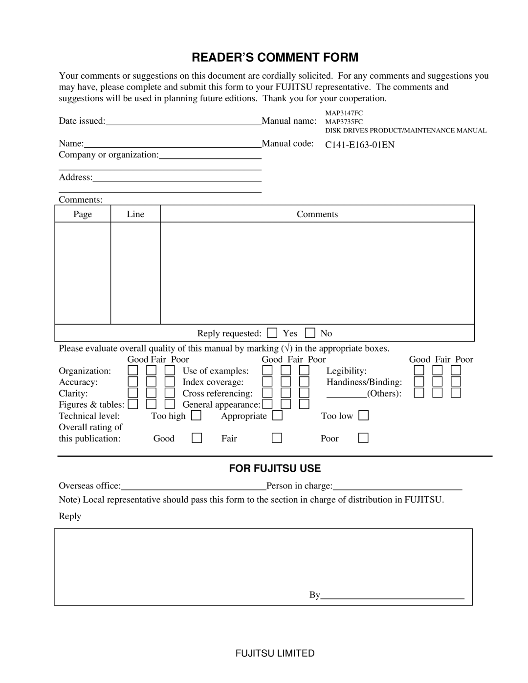 Fujitsu MAP3735FC, MAP3147FC manual READER’S Comment Form 